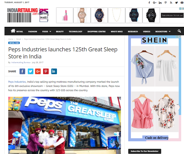 Peps Industries launches 125th Great Sleep Store in India
