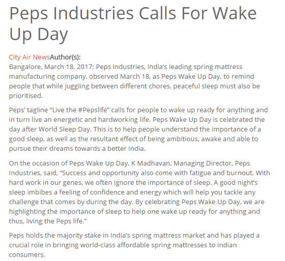 Peps Industries Calls For Wake  Up Day