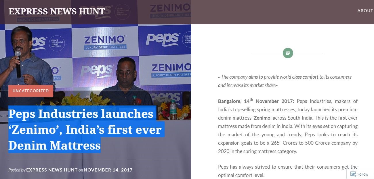 PEPS INDUSTRIES LAUNCHES ZENIMO, INDIA’S FIRST EVER DENIM MATTRESS.